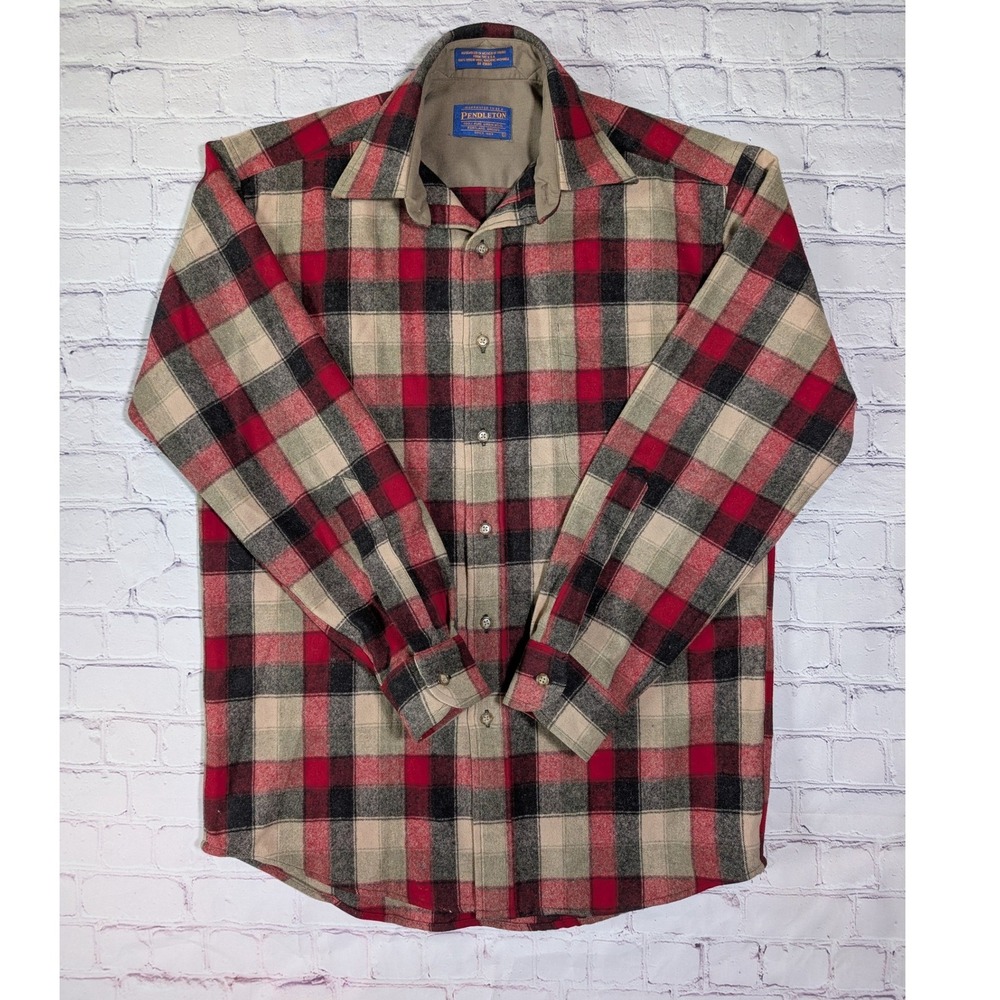 Pendleton Lodge Shirt Mens S Red Gray Plaid 100% Virgin Wool 22" P2P